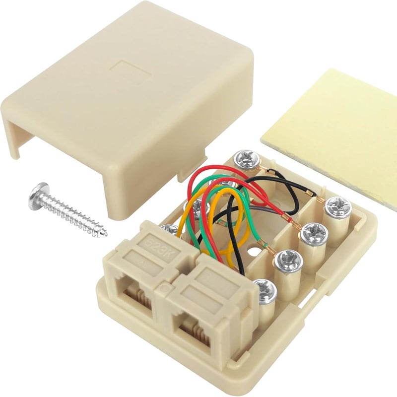 NECABLES Phone Jack Surface Mount Dual Port for 2 Phone Line Telephone Jack Box 8 Screw Terminals to 2 RJ11 6P4C Female Ivory - Image 1